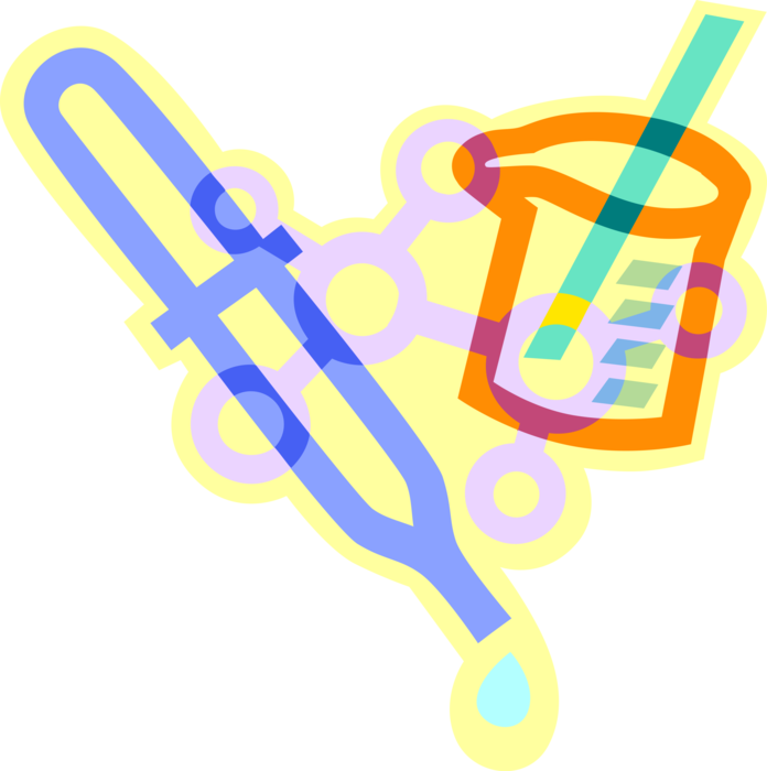 Vector Illustration of Laboratory Science Glassware Beaker, Pipette Eye Dropper and Molecule