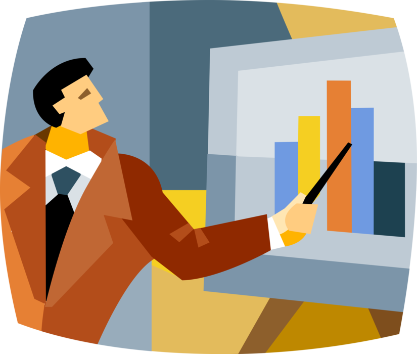 Vector Illustration of Businessman in Sales Meeting Presents Business Financial Data