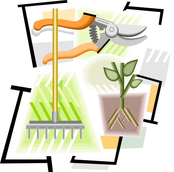 Vector Illustration of Gardening Tools with Pruning Shears and Garden Rake