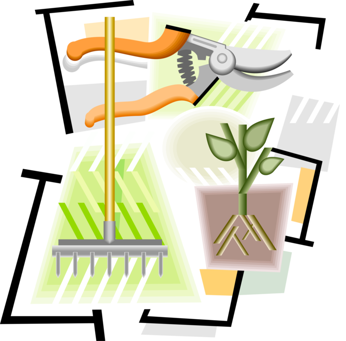 Vector Illustration of Gardening Tools with Pruning Shears and Garden Rake