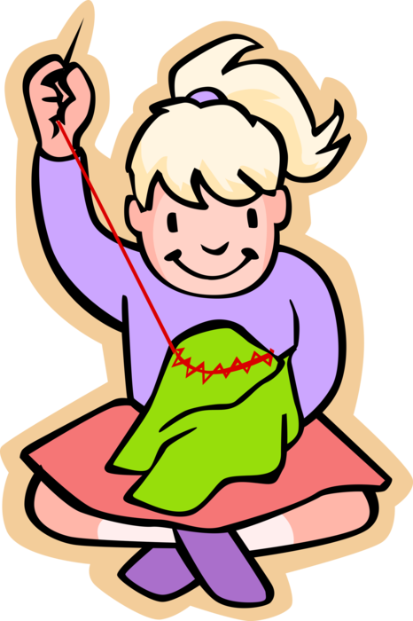 Vector Illustration of Primary or Elementary School Student Girl Sewing with Needle and Thread
