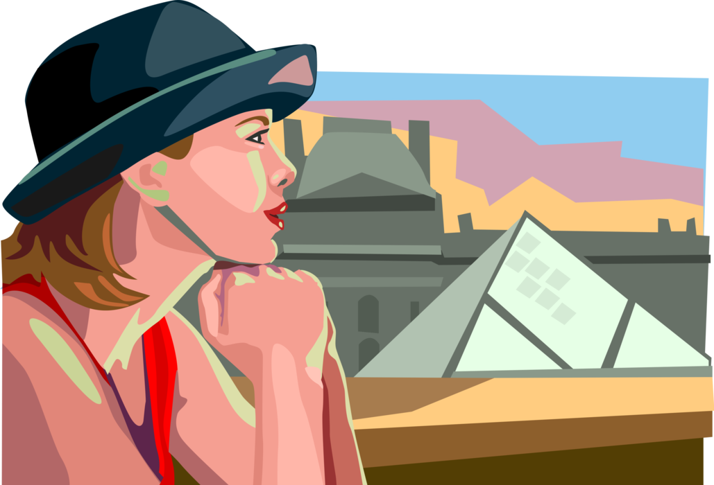 Vector Illustration of Tourist on Vacation with Glass Pyramid Entrance to the Louvre Museum, Paris, France