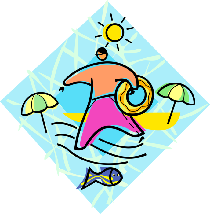 Vector Illustration of Swimmer with Inflatable Toy Goes Swimming in Ocean on Summer Day