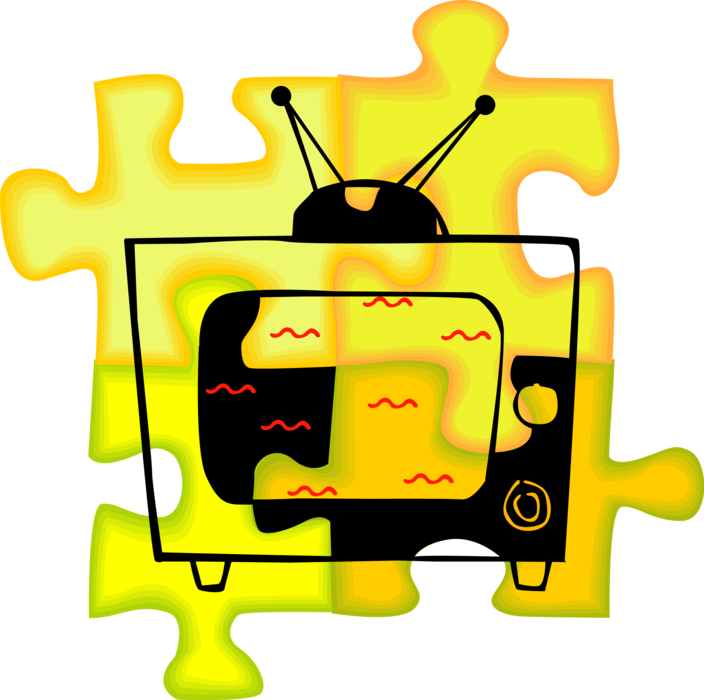 Vector Illustration of Television or TV Telecommunication Medium Overlaid on Jigsaw Puzzle Pieces