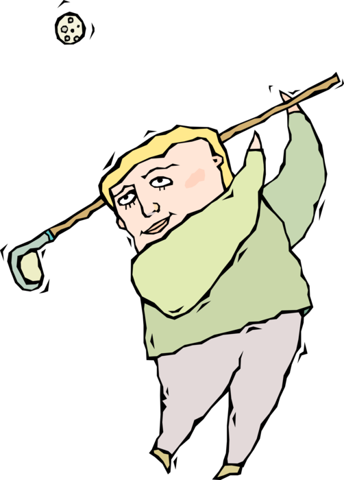 Vector Illustration of Sport of Golf Golfer Swings Golf Club on Fairway Striking the Ball