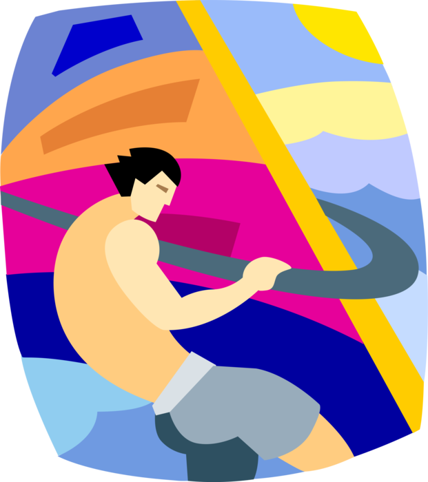 Vector Illustration of Windsurfing Windsurfer Rides Wind Powered Sailboard in Ocean