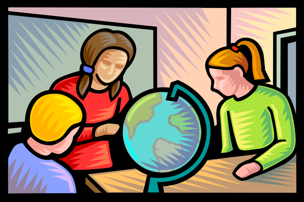 Vector Illustration of Students in School Geography Class with World Globe and Teacher