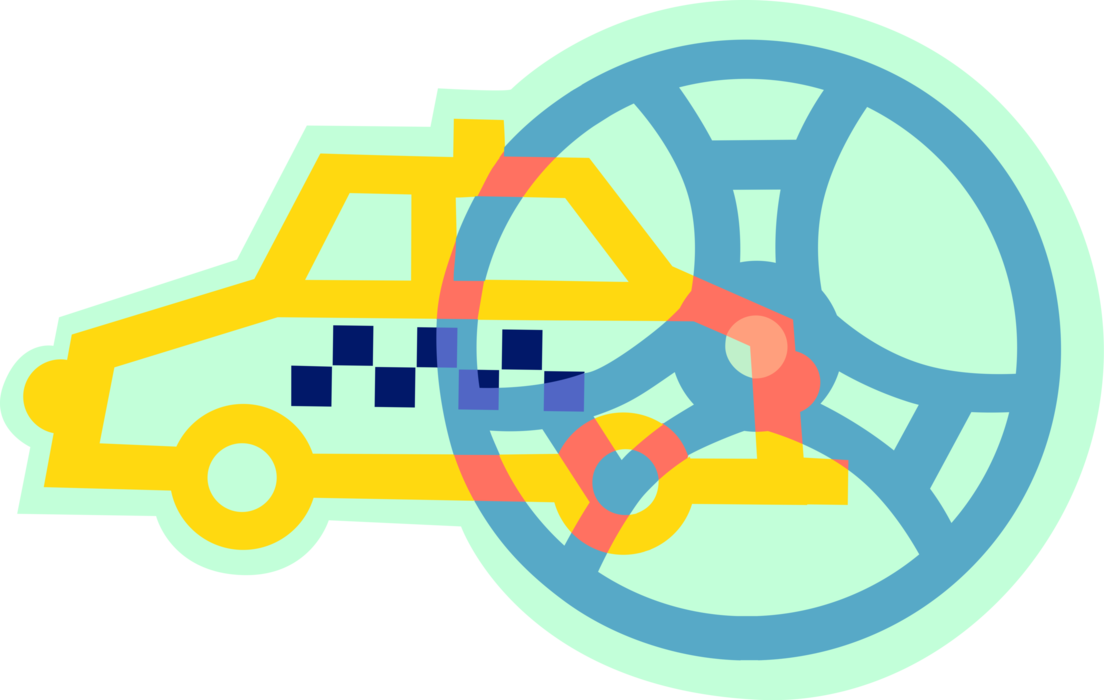 Vector Illustration of Taxicab Taxi or Cab Vehicle for Hire Automobile Motor Car and Steering Wheel
