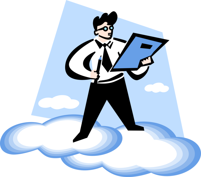 Vector Illustration of Businessman Reads Business Report in Clouds
