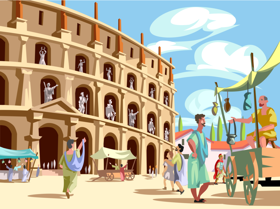 Vector Illustration of Citizens of Ancient Rome with Roman Colosseum or Coliseum Flavian Amphitheatre