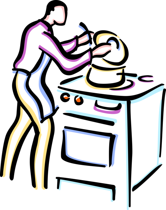 Vector Illustration of Restaurant Cook Prepares Soup on Stove in Kitchen