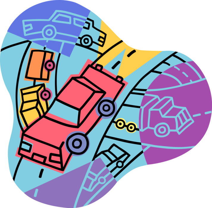 Vector Illustration of Cars and Truck Vehicles on Congested Highway Thorofare