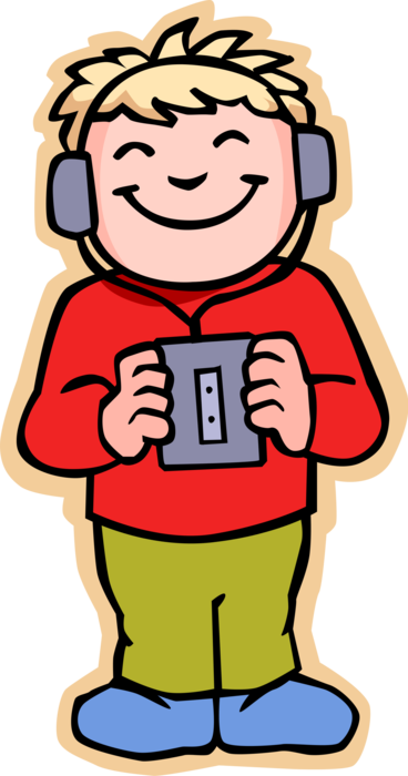 Vector Illustration of Primary or Elementary School Student Girl Listening to Music with Headphones