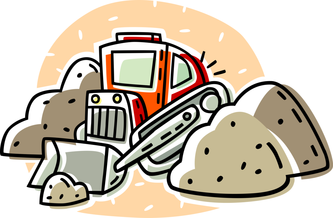 Vector Illustration of Construction Site with Earth Moving Bulldozer Continuous Tracked Tractor Digs Dirt