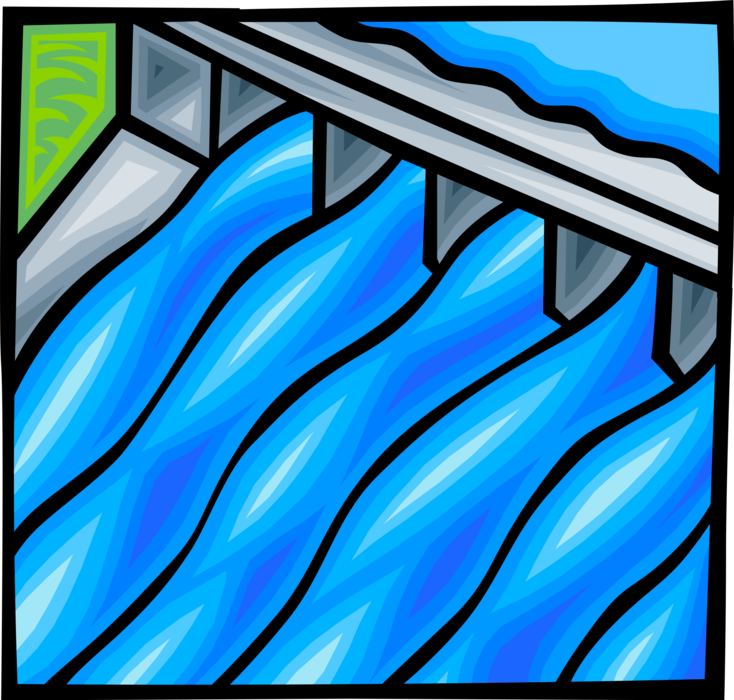 Vector Illustration of Hydroelectric Power Generation with Dam and Sluice Gates Spillway
