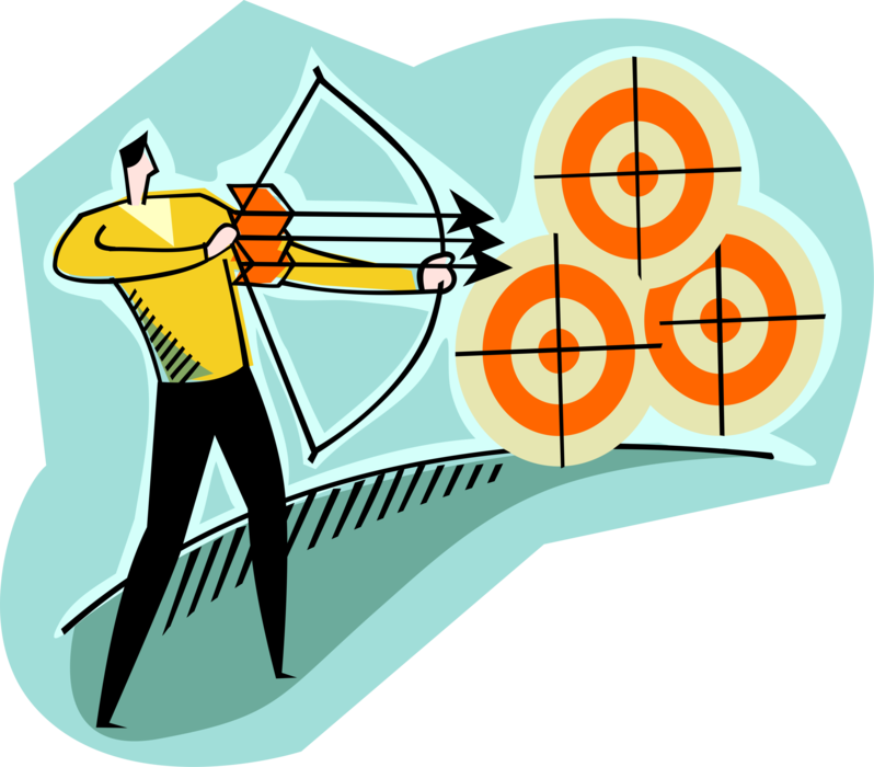 Vector Illustration of Archer Shoots Bow with Three Arrows at Target Bullseye or Bull's-Eye