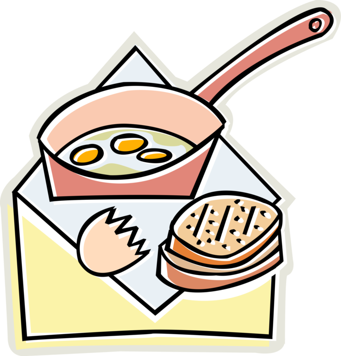 Vector Illustration of Fried Eggs Cooking in Frying Pan with Sliced Pork Ham