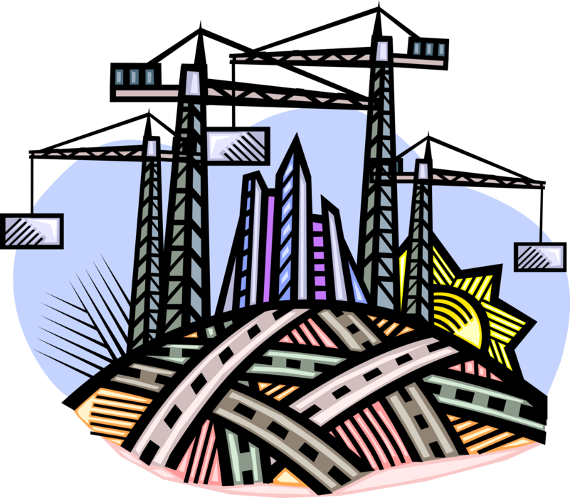 Vector Illustration of Building Construction Cranes with City Buildings and Highways