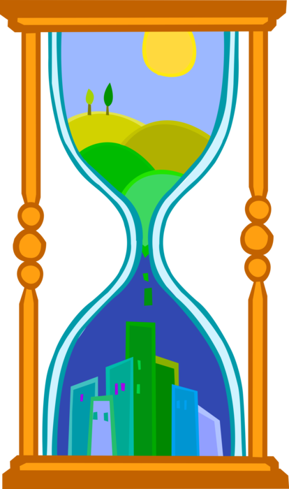 Vector Illustration of Hourglass with Industrialization Versus Environmental Conservation and Sustainability