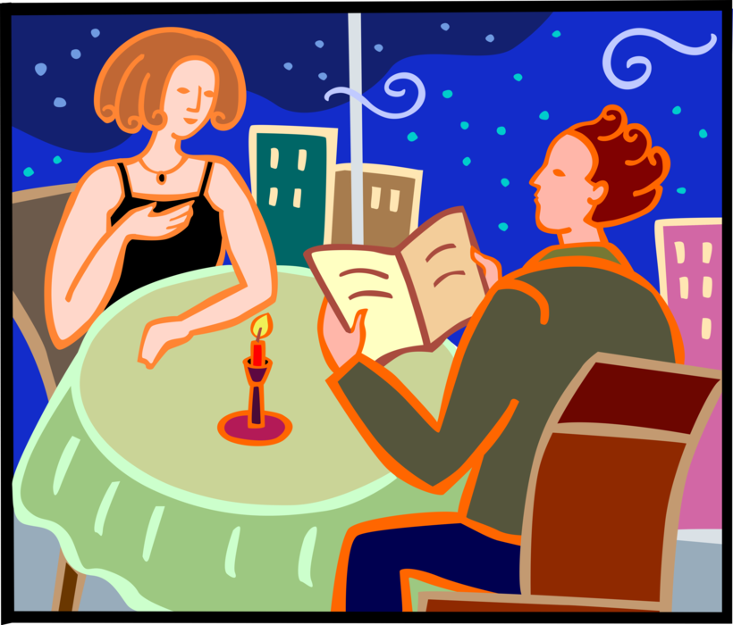Vector Illustration of Dating Couple Night Out at Restaurant for Romantic Evening