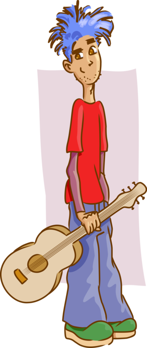 Vector Illustration of Iconoclast Bohemian Beatnik Hipster Radical with Blue Hair and Acoustic Guitar