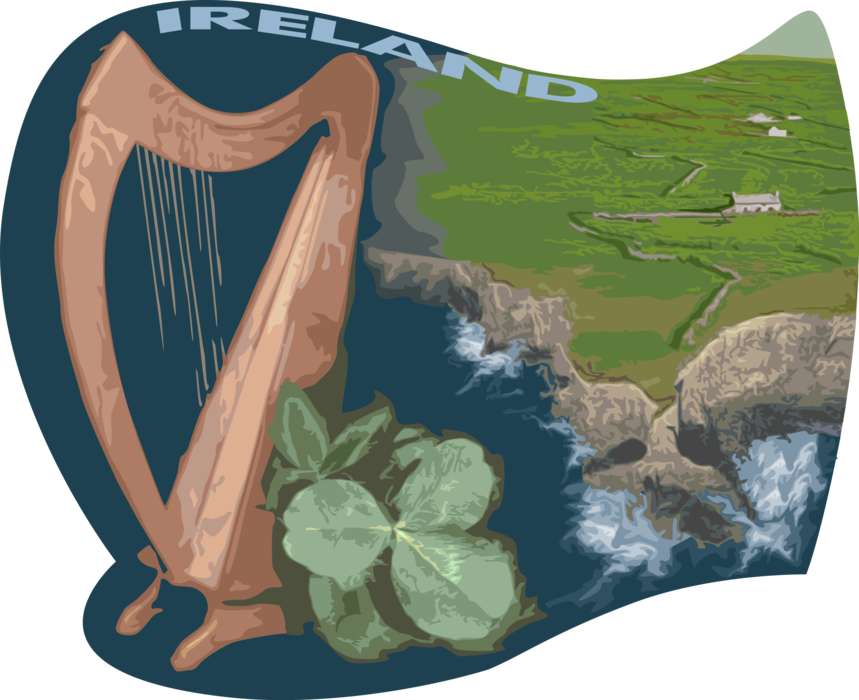 Vector Illustration of Ireland Postcard Design with Verdant Fields, Irish Coastline and Clàrsach Gaelic Harp
