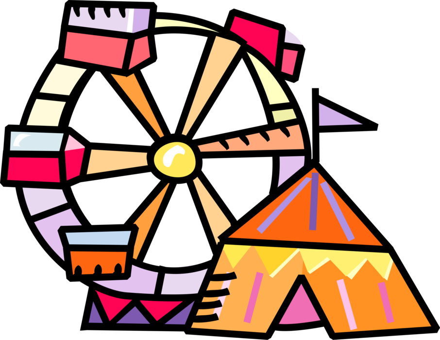 Vector Illustration of Ferris Wheel Amusement Park Ride and Circus Tent