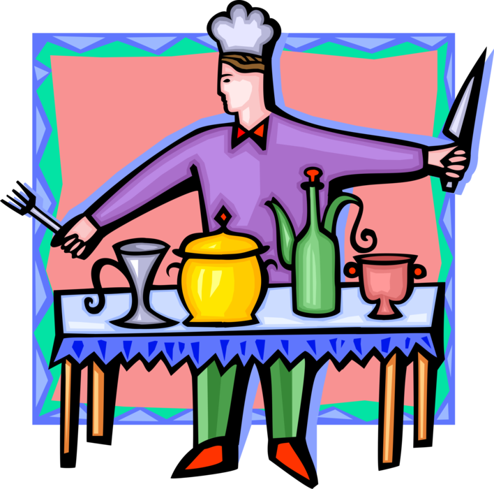 Vector Illustration of Culinary Cuisine Restaurant Chef in Kitchen with Fork and Knife Prepares Food Ingredients