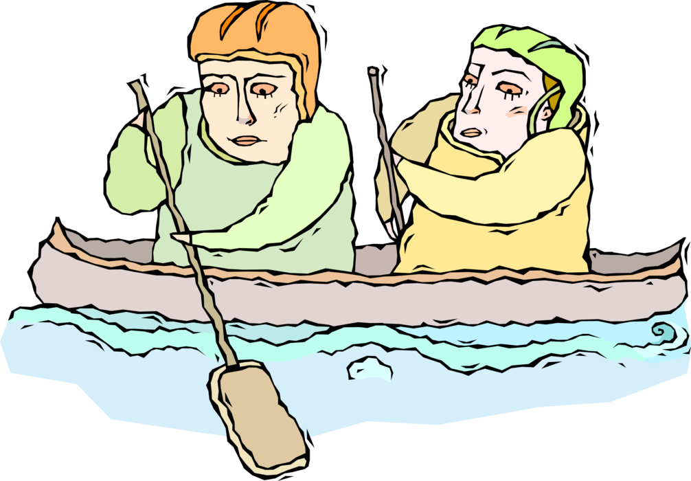 Vector Illustration of Canoeists Paddle Canoe in River
