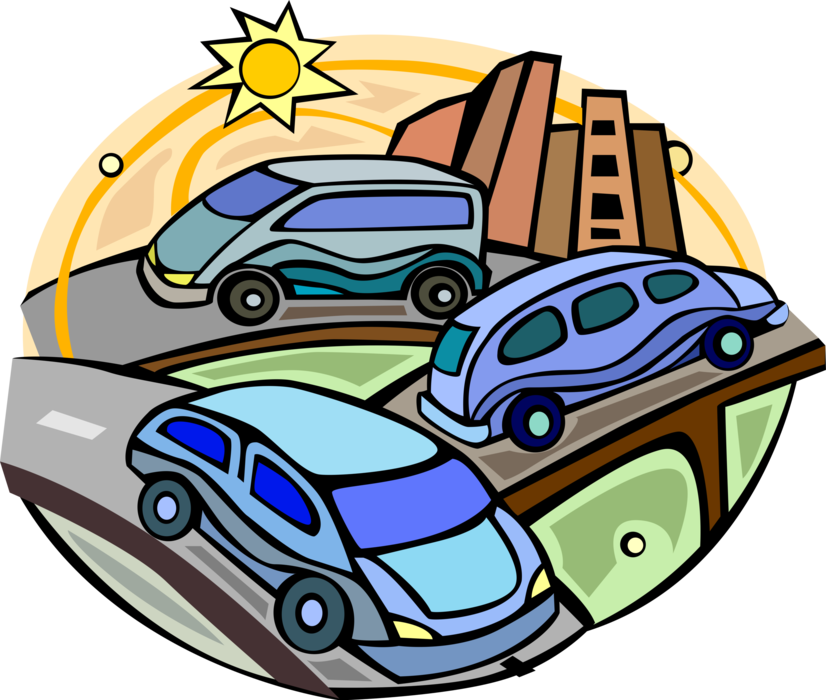Vector Illustration of Automobile Motor Vehicle Car Traffic on Interstate Highways and Motorways