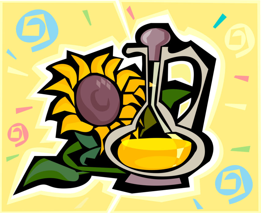 Vector Illustration of Garden Sunflower with Sunflower Oil Compressed from Sunflower Seeds