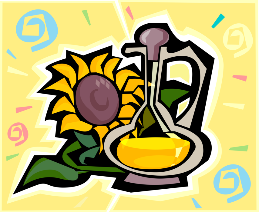 Vector Illustration of Garden Sunflower with Sunflower Oil Compressed from Sunflower Seeds