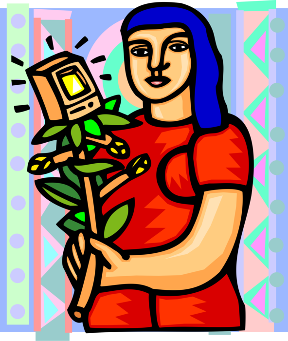 Vector Illustration of Holding Flower with Personal Computer Bloom