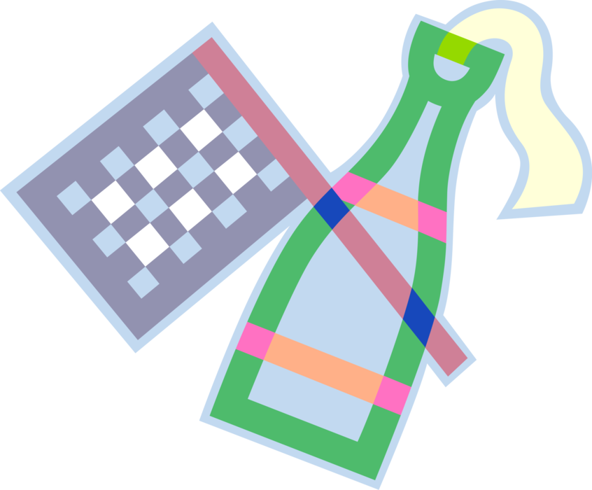 Vector Illustration of Auto Racing Checkered or Chequered Flag and Champagne Bottle