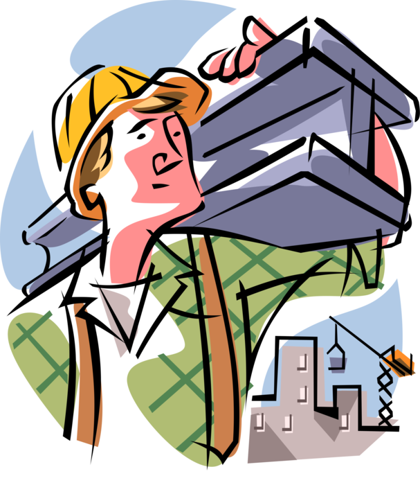 Vector Illustration of Construction Worker Carries Steel Joist I-Beams on Building Site