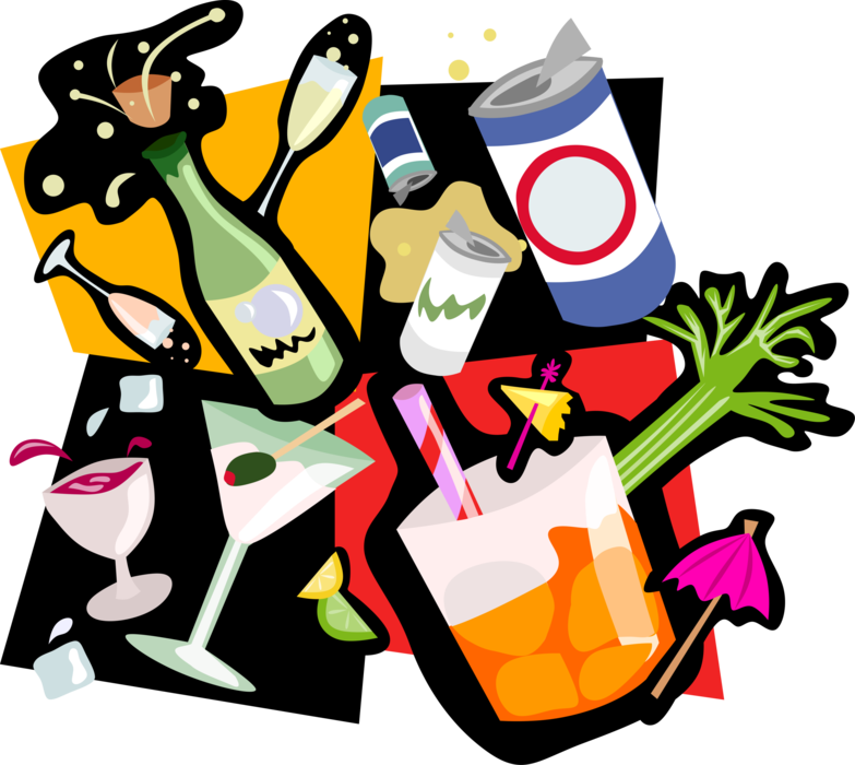 Vector Illustration of Party Alcohol Beverages with Bottles, Wine, Beer and Glasses