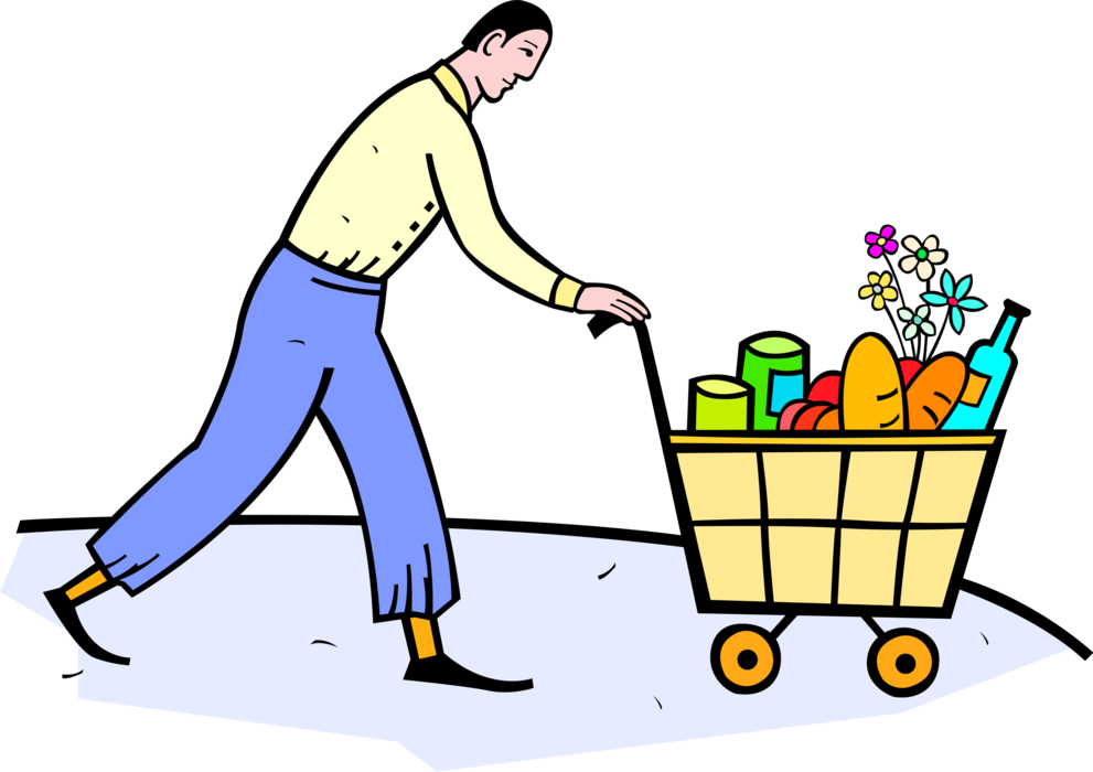 Vector Illustration of Businessman Grocery Shopping at Supermarket Store with Cart of Groceries