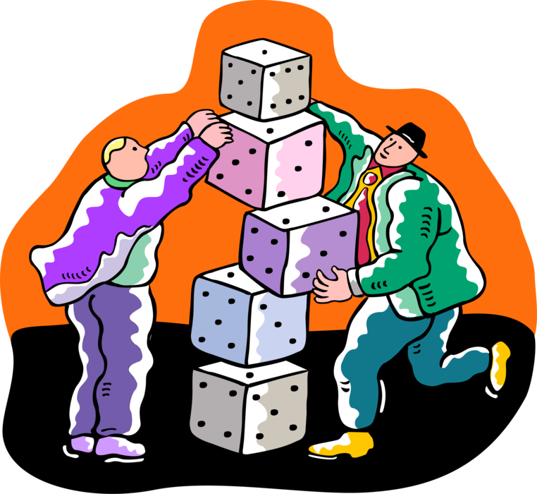 Vector Illustration of Businessmen Stacking Casino Gambling Games of Chance Dice