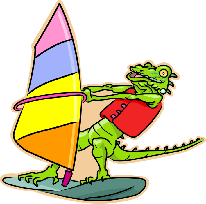 Vector Illustration of Windsurfer Lizard Iguana Windsurfing on Sailboard