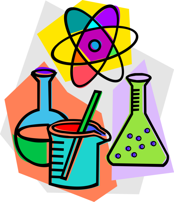 Vector Illustration of Science Class Beakers and Flask Glassware with Atomic Symbol