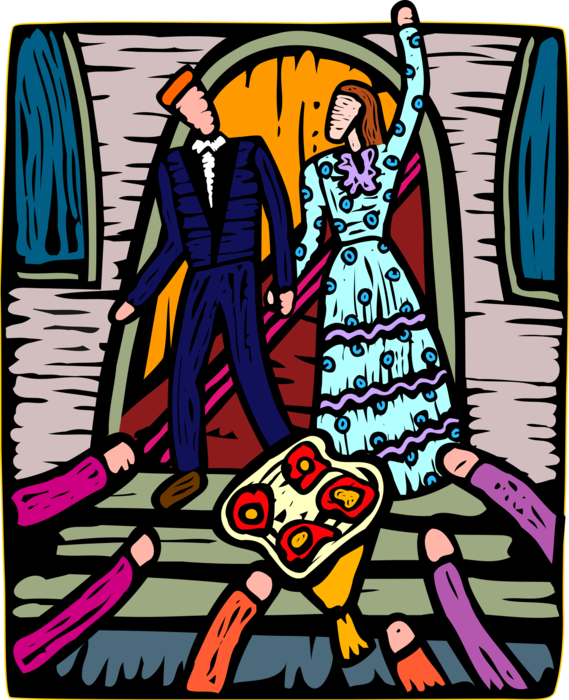 Vector Illustration of Newlyweds Leaving Church on Wedding Day Just After Marriage Ceremony