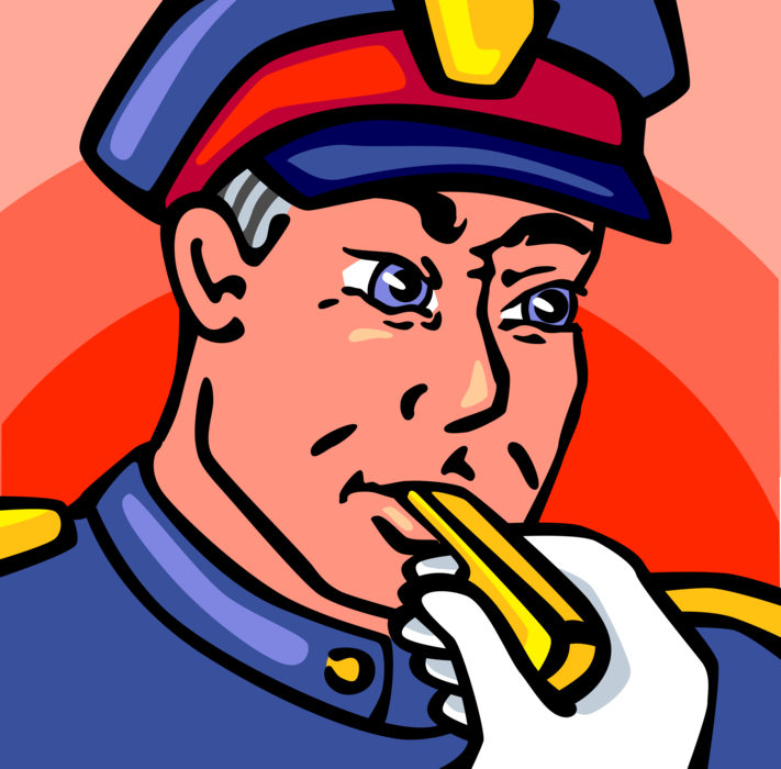 Vector Illustration of Law Enforcement Policeman Cop Police Officer Blows Whistle to Stop Traffic