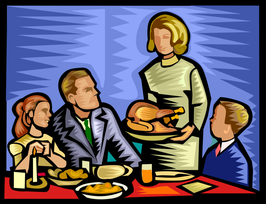 Vector Illustration of Family at Dinner Table with Christmas or Thanksgiving Roast Turkey Meal