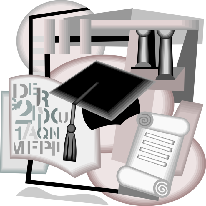 Vector Illustration of Post Graduate Studies with Mortarboard Cap and Higher Learning