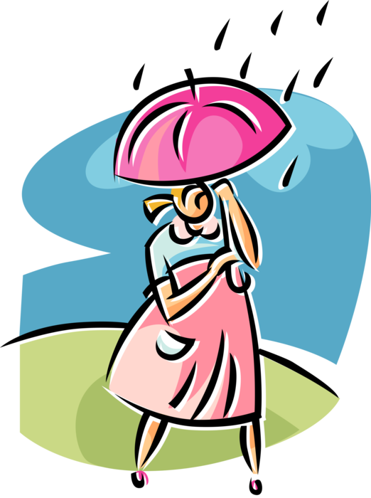 Vector Illustration of Walking in the Rain with Umbrella or Parasol Rain Protection