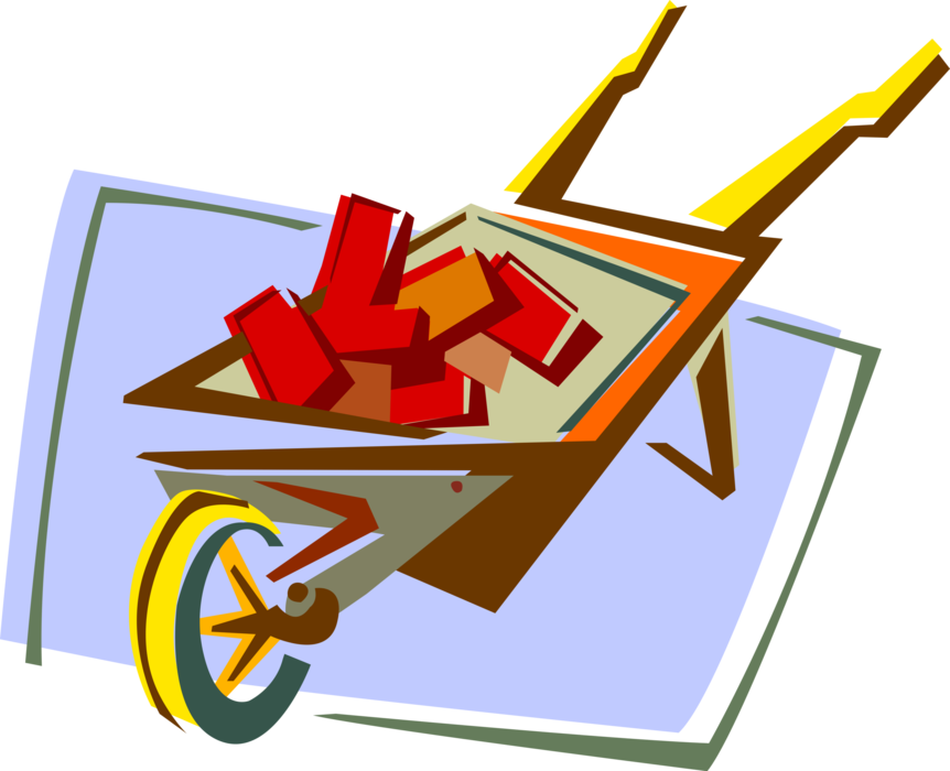 Vector Illustration of Hand-Propelled Wheelbarrow with Load of Masonry Bricks