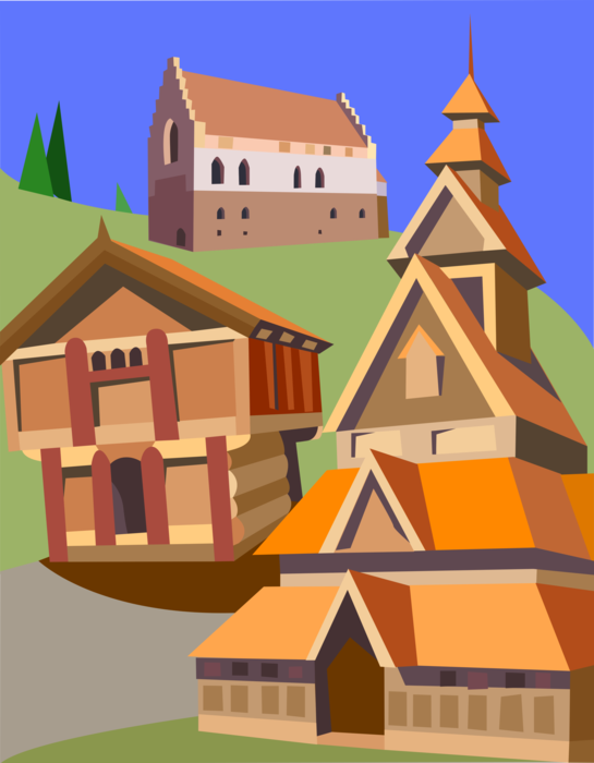 Vector Illustration of Heddal Stave Wooden Church, Notodden and Stabbur Storehouses, Norway