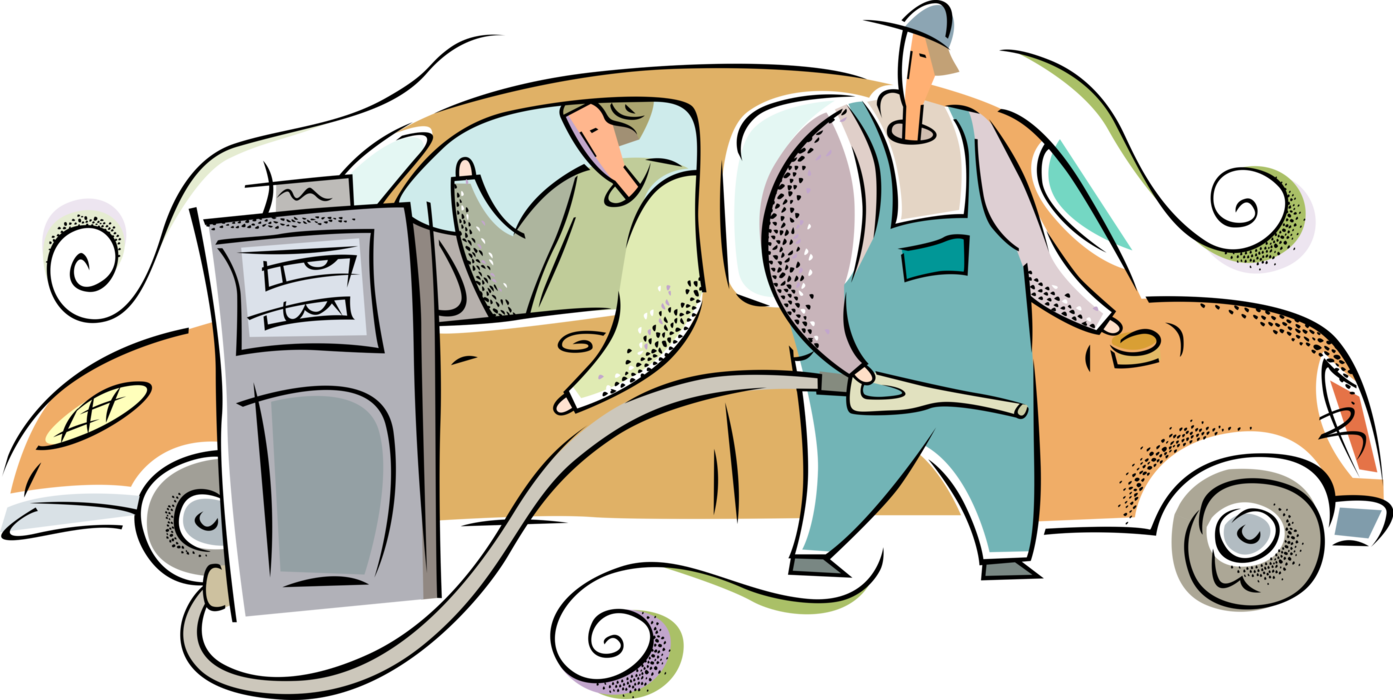 Vector Illustration of Service Station Attendant Filling Up Car with Petroleum Gasoline