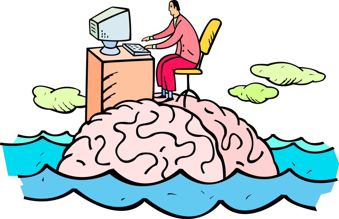 Vector Illustration of Businessman Types on Computer Keyboard on Deserted Island Brain