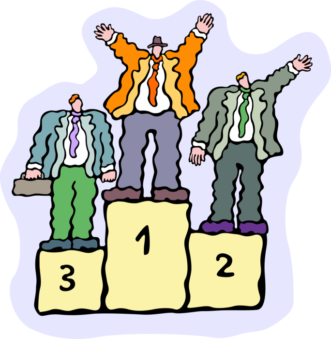 Vector Illustration of Businessman Winner Stands on Podium or Lectern with Runners Up